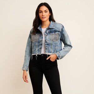 Thrill Light Blue Denim Jacket with Fringe Accents